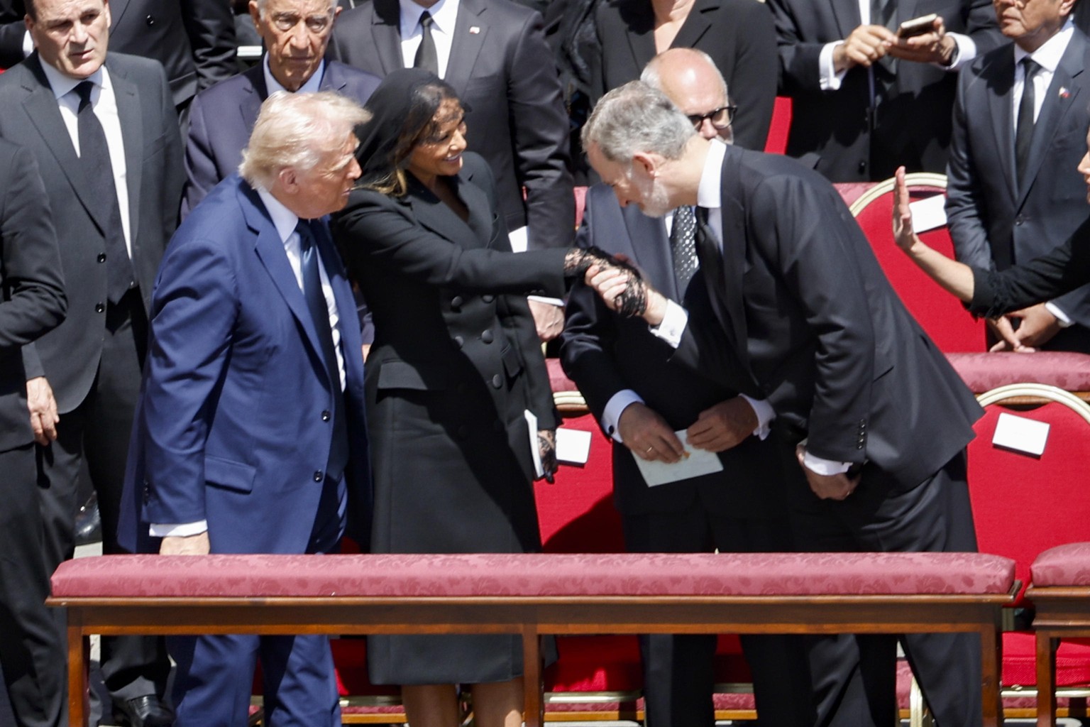 epa12056383 US President Donald Trump, his wife Melania and Spain&#039;s King Felipe VI attend the funeral Mass of Pope Francis in Saint Peter&#039;s Square in Vatican City, 26 April 2025. Pope Franci ...