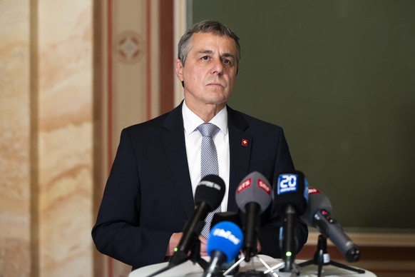 epa10909732 Swiss Federal Councillor and Foreign Minister Ignazio Cassis delivers a statement on the situation in Israel during a press conference in Bern, Switzerland, 09 October 2023. More than 700  ...