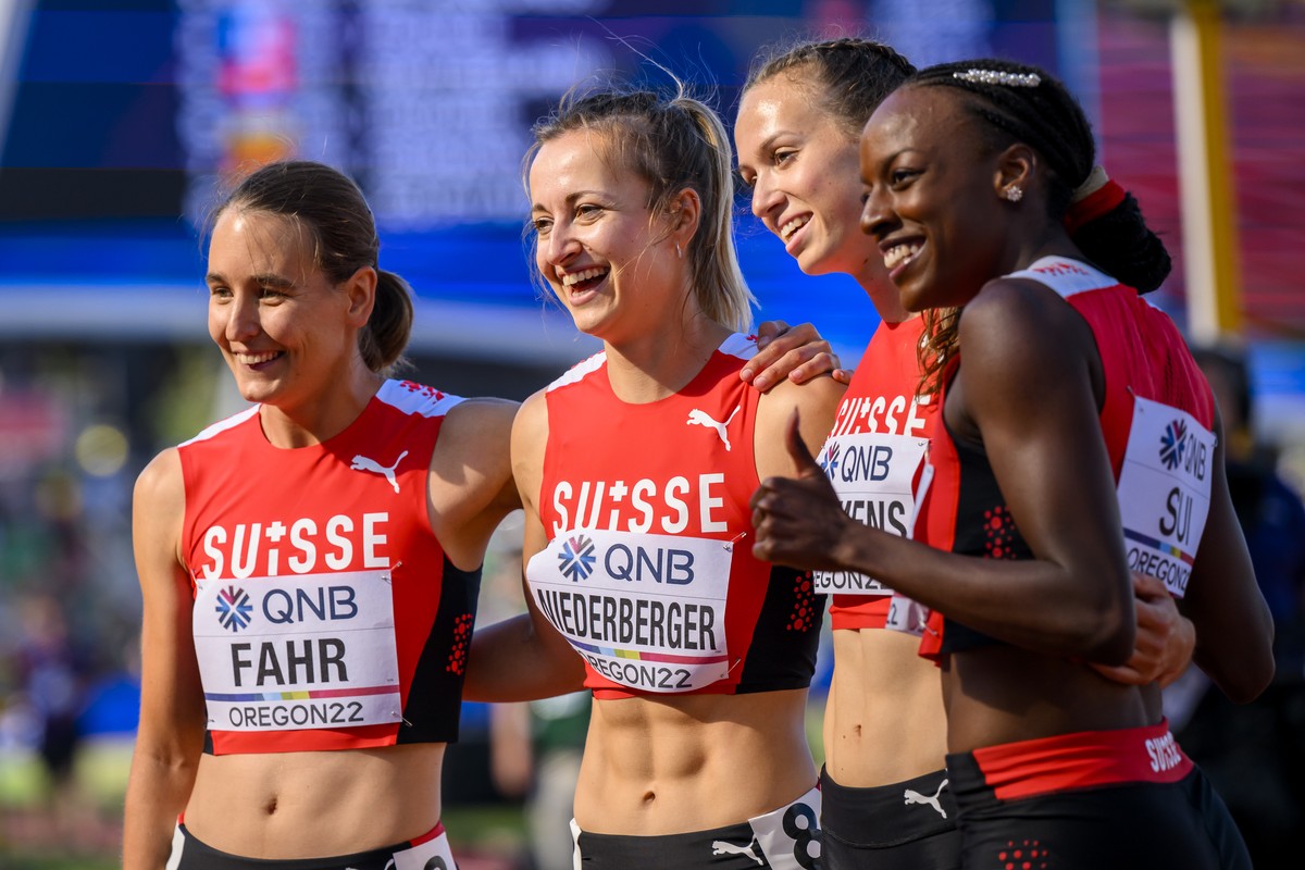 Annina Fahr, Julia Niederberger, Silke Lemmens and Yasmin Giger of Switzerland react for the women's 4x400 meters relay qualification during the IAAF World Athletics Championships, at the Hayward ...