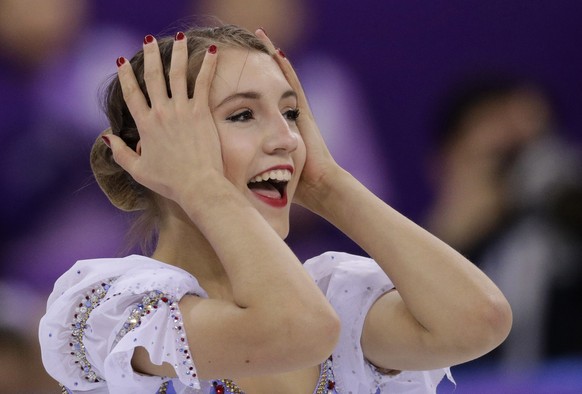 Alexia Paganini of Switzerland reacts following her performance during the women&#039;s short program figure skating in the Gangneung Ice Arena at the 2018 Winter Olympics in Gangneung, South Korea, W ...