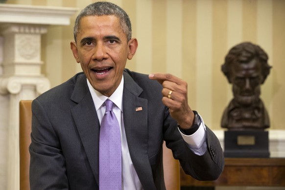 FILE - President Barack Obama speaks about Iran and Israeli Prime Minister Benjamin Netanyahu&#039;s speech to Congress during a meeting with Defense Secretary Ash Carter in the Oval Office of the Whi ...
