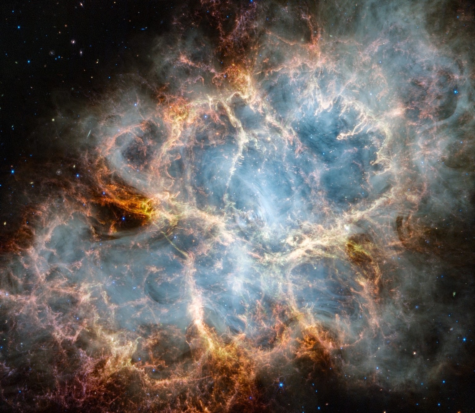 The Crab Nebula seen in a new light by NASA's Webb (NIRCam and MIRI) Located 6,500 light-years away lies the Crab Nebula, the remains of an exploded star.  Although this goal has been well studied by several...