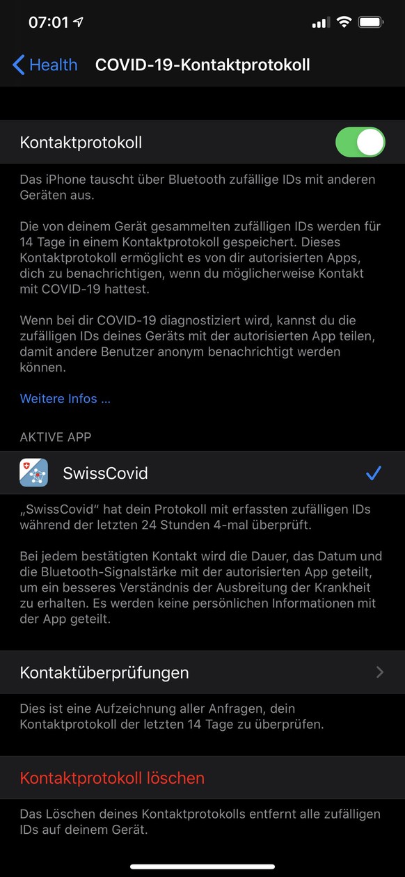 So sieht es mit installierter SwissCovid-App in den Geräteeinstellungen («Datenschutz» &gt; «Health») aus.