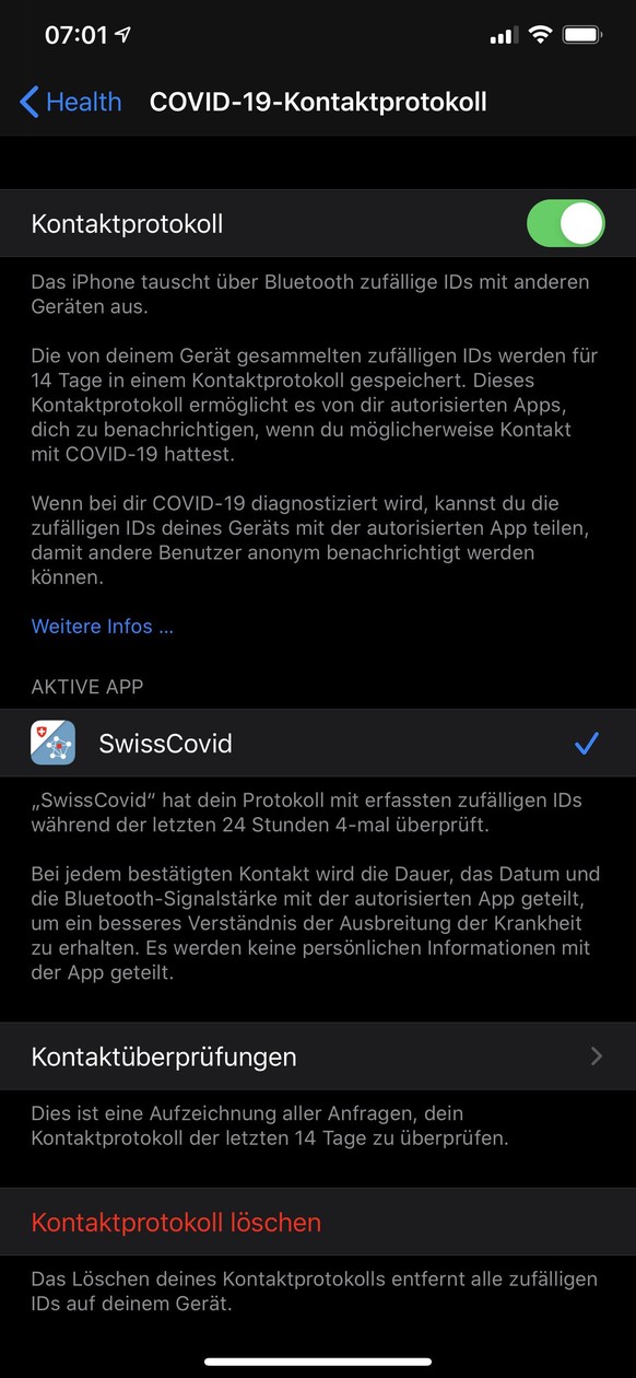So sieht es mit installierter SwissCovid-App in den Geräteeinstellungen («Datenschutz» &gt; «Health») aus.