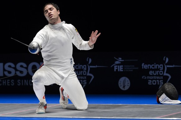 Switzerland&#039;s Max Heinzer looks disappointed after losing against Estonia&#039;s Nikolai Novosjolov, not pictured, during the men&#039;s team epee semi-final at the European Fencing Championships ...