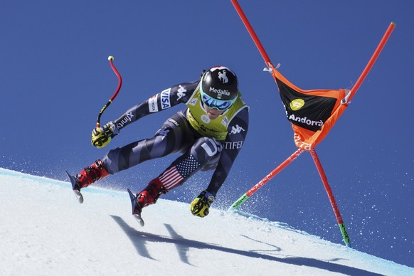 FILE - United States&#039; Breezy Johnson speeds down the course during an alpine ski, women&#039;s World Cup downhill in Soldeu, Andorra, on March 15, 2023. Downhill skier Breezy Johnson has been ban ...