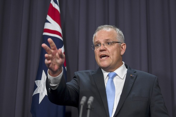 epa07364261 Australian Prime Minister Scott Morrison speaks to the media during a press conference at Parliament House in Canberra, Australian Capital Territory, Australia, 12 February 2019. Australia ...