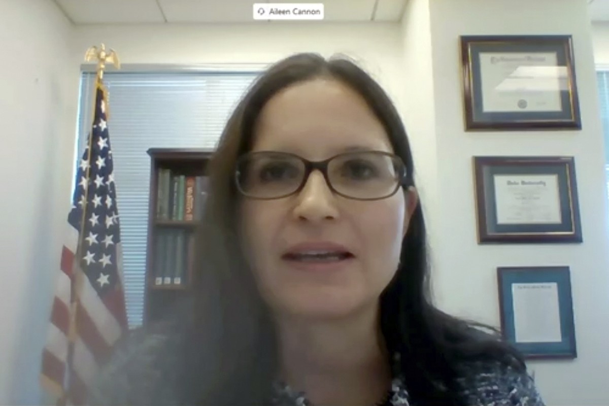 In this image from video provided by the U.S. Senate, Aileen M. Cannon speaks remotely during a Senate Judiciary Committee oversight nomination hearing to be U.S. District Court for the Southern Distr ...