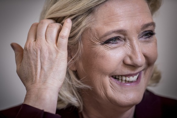 epa07529544 Leader of French party Rassemblement National (formerly Front National), Marine Le Pen at a press conference during a visit to Christiansborg, Copenhagen, Denmark, 26 April 2019. Le Pen me ...