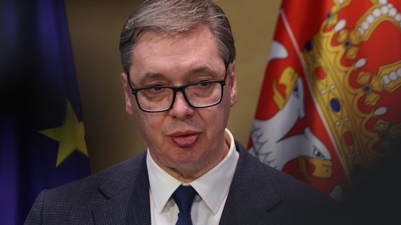 epa11768567 Serbian President Aleksandar Vucic speaks to the media following talks with German Chancellor Olaf Scholz (not pictured) over lithium mining in Freiberg, Germany, 10 December 2024. EPA/SEA ...