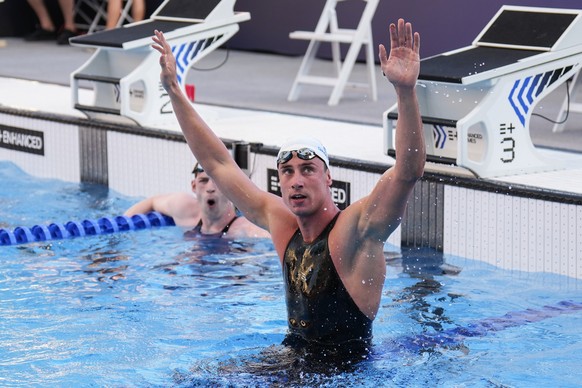 Kristian Gkolomeev, of Greece, celebrates after winning the men's 100-meter freestyle final at the Enhanced Games in Las Vegas, Sunday, May 24, 2026. (AP Photo/Jae C. Hong)
Kristian Gkolomeev