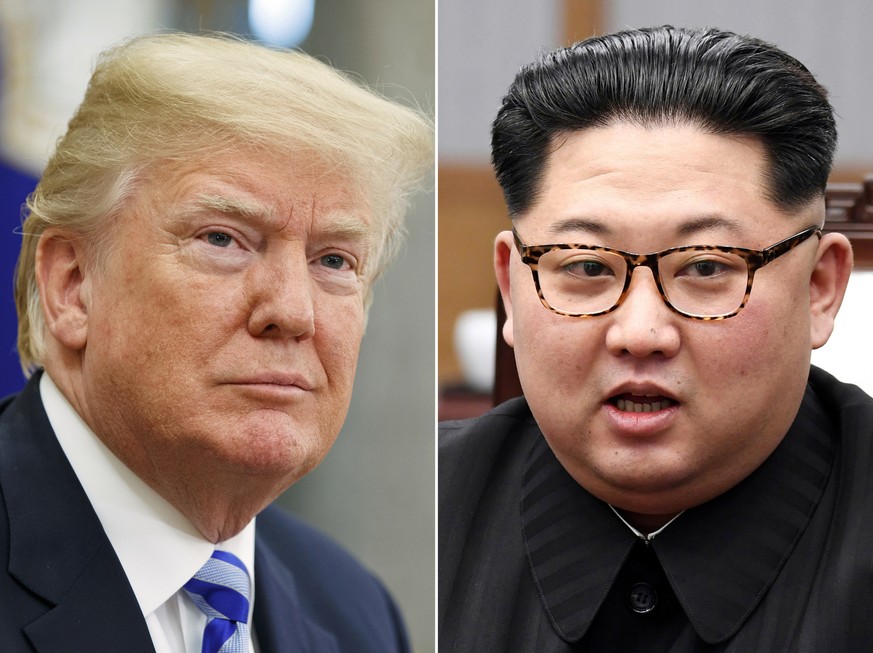 FILE- In this combination of file photos, U.S. President Donald Trump, left, in the Oval Office of the White House in Washington on May 16, 2018, and North Korean leader Kim Jong Un in a meeting with  ...