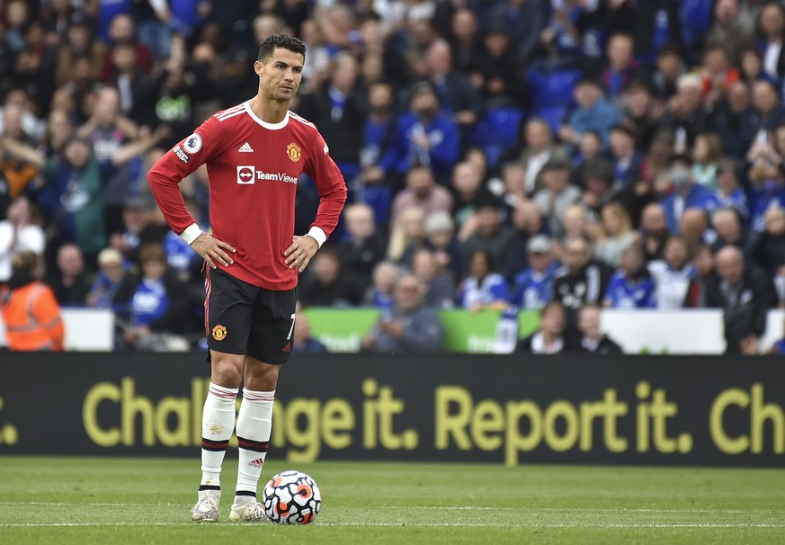 Manchester United's Cristiano Ronaldo reacts after Leicester's Youri Tielemans scored his side's opening goal during the English Premier League soccer match between Leicester City and Manchester Unite ...