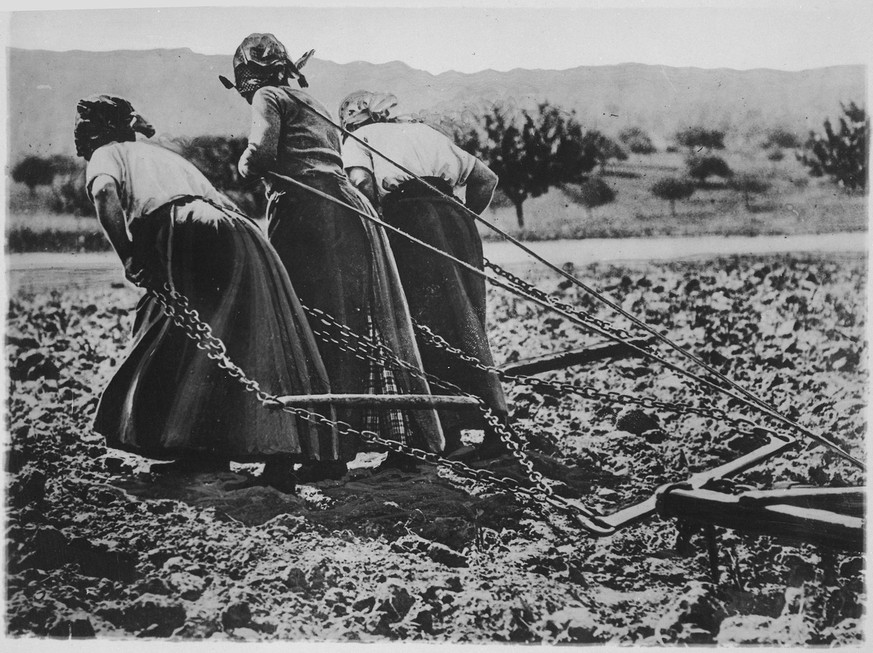 Drei Französinnen pflügen den Acker, weil ihre Männer und Pferde an der Front sind, ca. 1917.
