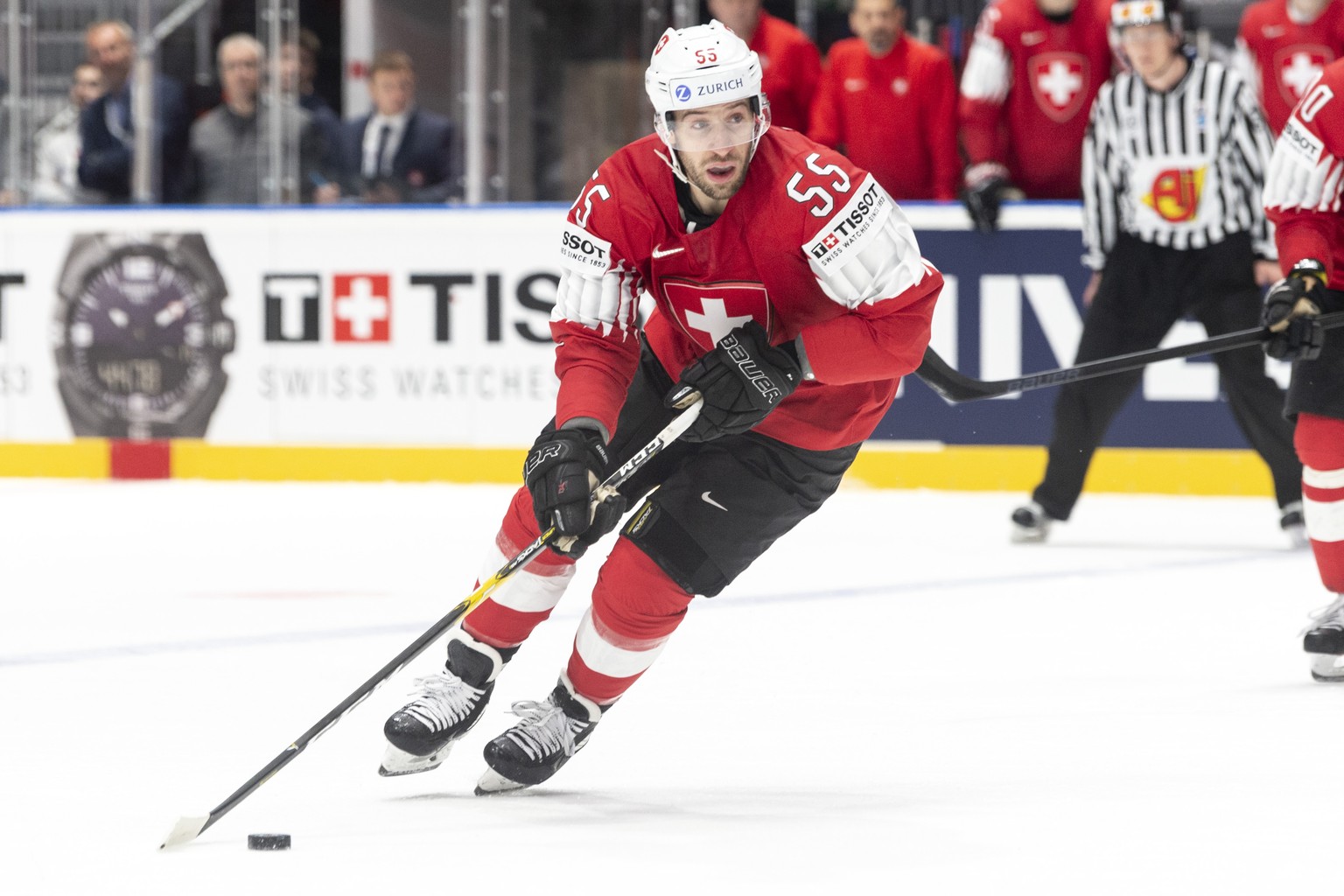 Switzerland&#039;s Romain Loeffel during the game between Switzerland and Italy, at the IIHF 2019 World Ice Hockey Championships, at the Ondrej Nepela Arena in Bratislava, Slovakia, on Saturday, May 1 ...