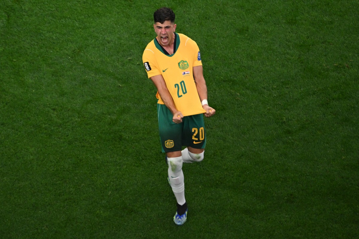 Australia's Cristian Volpato (20) react after a goal during the World Cup round of 32 soccer match between Australia and Egypt in Arlington, Texas, near Dallas, Friday, July 3, 2026. (AP Photo/Je ...