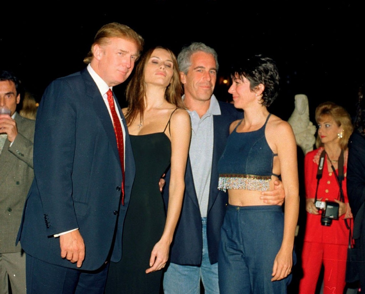 From left, American real estate developer Donald Trump and his girlfriend (and future wife), former model Melania Knauss, financier (and future convicted sex offender) Jeffrey Epstein, and British soc ...