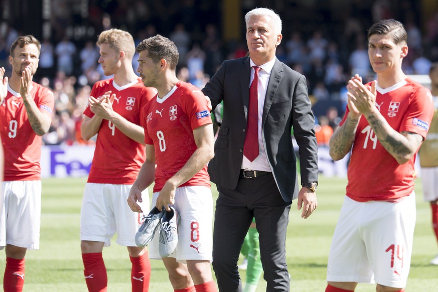 From left, Switzerland&#039;s forward Haris Seferovic, Switzerland&#039;s defender Nico Elvedi, Switzerland&#039;s midfielder Remo Freuler, Switzerland&#039;s head coach Vladimir Petkovic and Switzerl ...