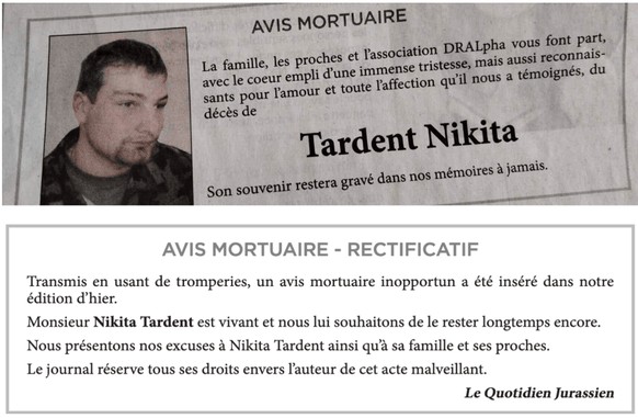 Die Todesanzeige von Nikita Tardent im Quotidien Jurassien.