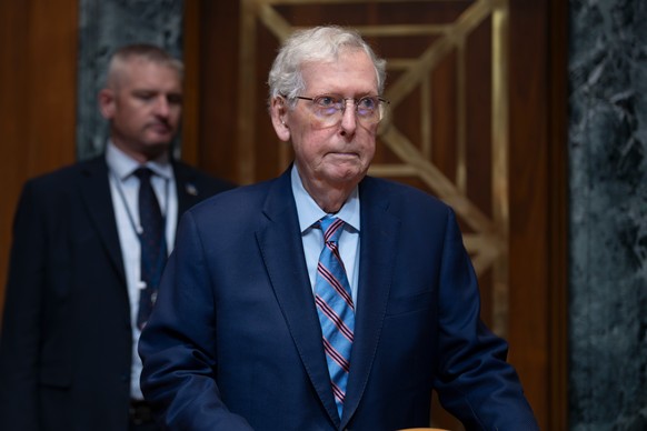 Sen. Mitch McConnell, R-Ky., chair of the Senate Defense Appropriations Subcommittee, arrives for a hearing on President Donald Trump's funding requests for the Army, at the Capitol in Washington ...