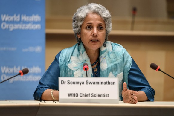 epa08525444 World Health Organization (WHO) Chief Scientist Soumya Swaminathan attends a press conference organized by the Geneva Association of United Nations Correspondents (ACANU) amid the COVID-19 ...