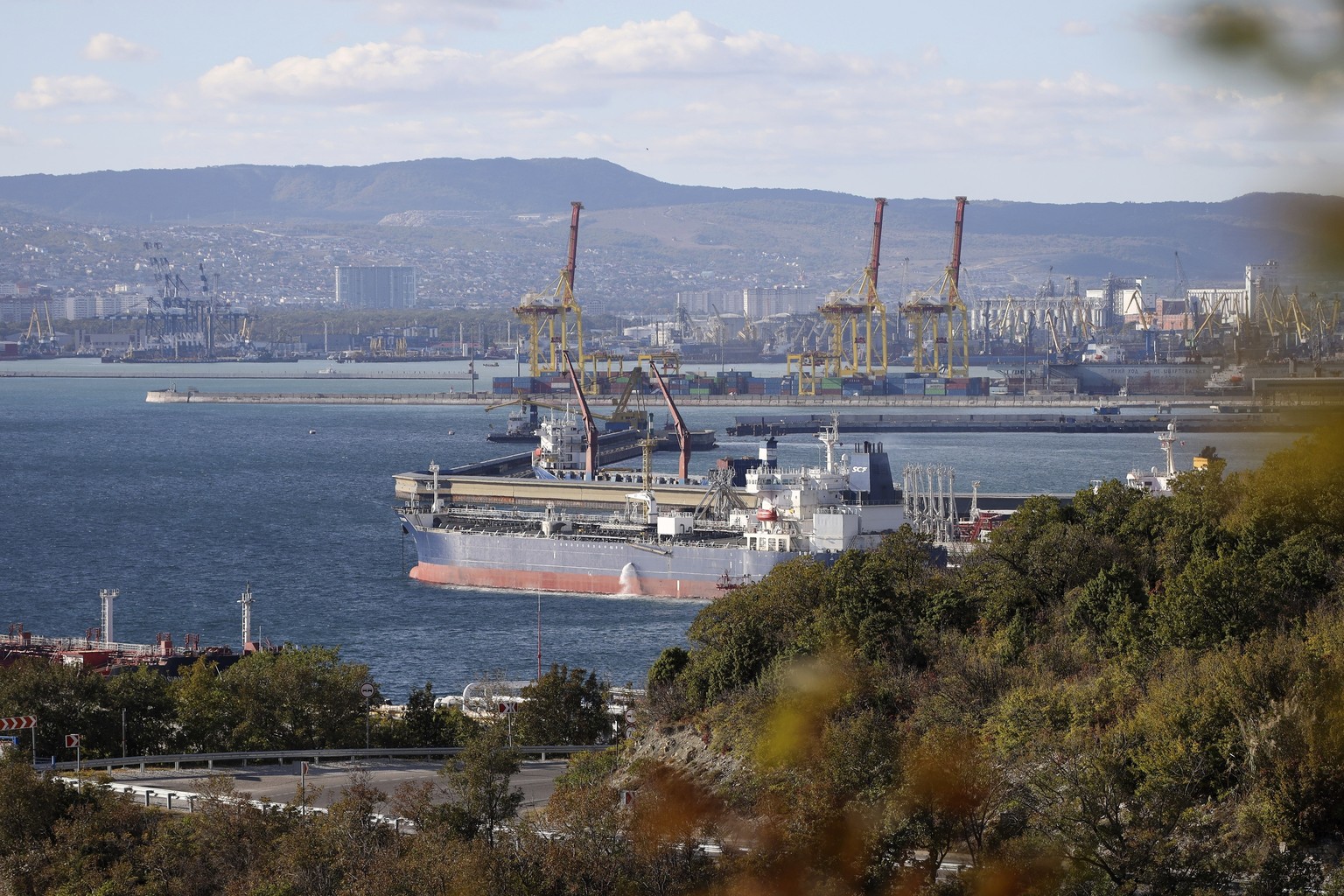 FILE - An oil tanker is moored at the Sheskharis complex, part of Chernomortransneft JSC, a subsidiary of Transneft PJSC, in Novorossiysk, Russia, on Oct. 11, 2022, one of the largest facilities for o ...