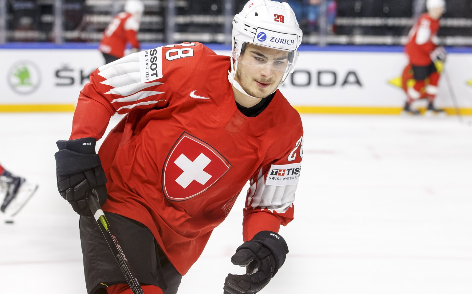 Switzerland&#039;s forward Timo Meier before the IIHF 2018 World Championship preliminary round game between Switzerland and Belarus, at the Royal Arena, in Copenhagen, Denmark, Wednesday, May 9, 2018 ...