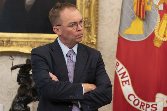 epa07847474 Acting White House Chief of Staff and Director of the Office of Management and Budget (OMB) Mick Mulvaney listens as US President Donald J. Trump meets with His Royal Highness Prince Salma ...