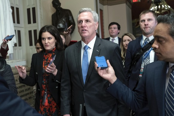 Speaker of the House Kevin McCarthy, R-Calif., talks to reporters as he walks to the House chamber at the Capitol in Washington, Monday, Jan. 9, 2023. (AP Photo/Jose Luis Magana)
Kevin McCarthy