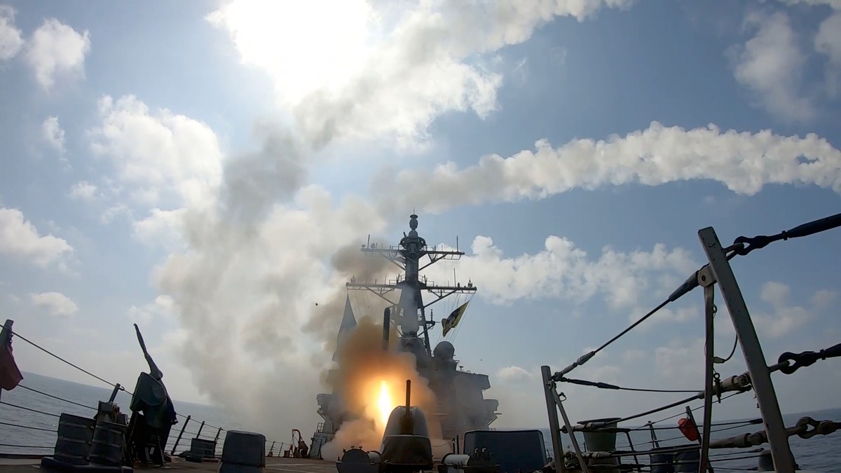 This image from video provided by U.S. Central Command shows a missile being launched from from a U.S. Navy ship in support of Operation Epic Fury on Saturday, Feb. 28, 2026. (U.S. Central Command via ...