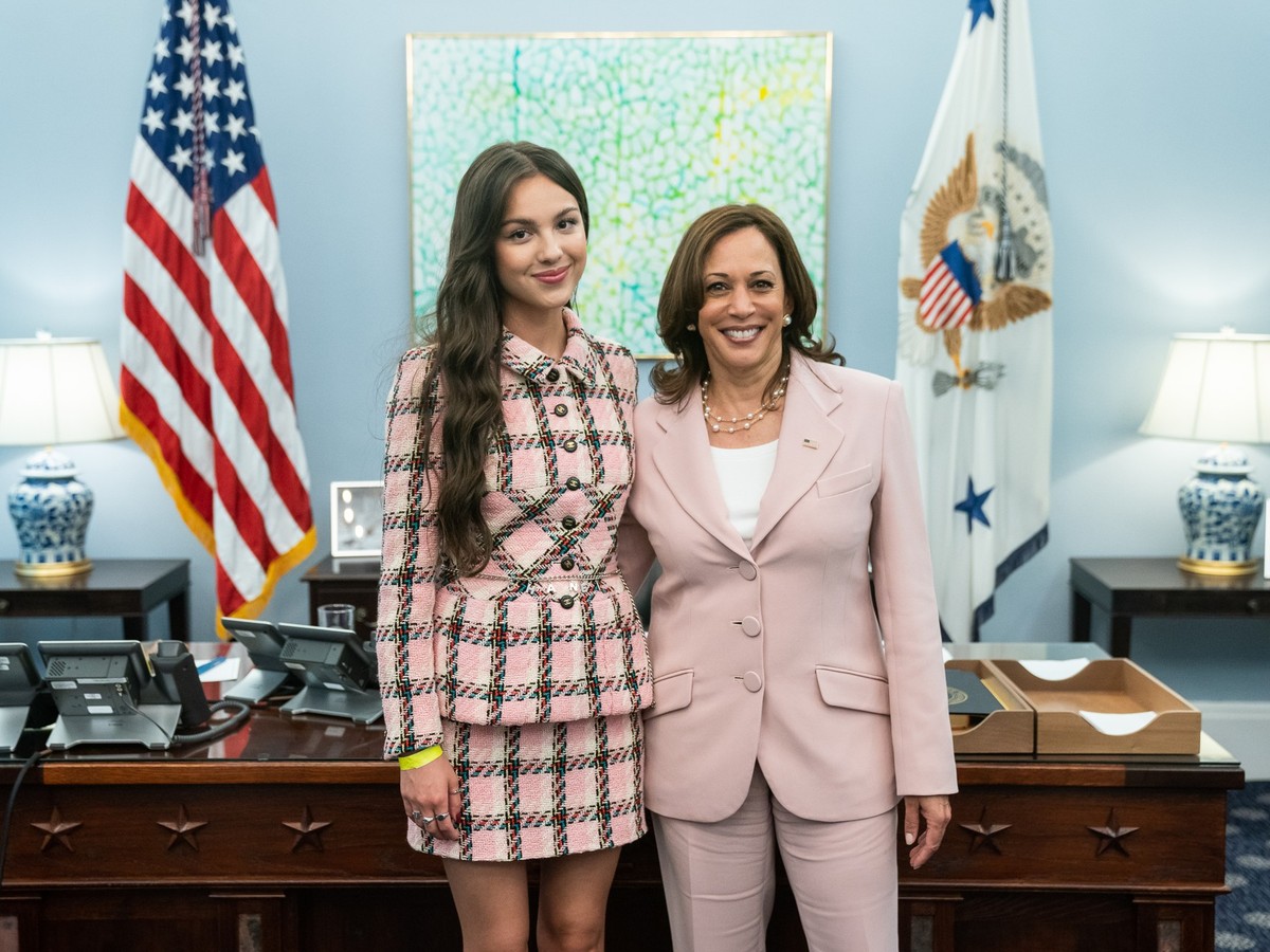 Vice President Kamala Harris poses for photos with singer Olivia Rodrigo Wednesday, July 14, 2021, in the Vice President’s West Wing Office of the White House. (Official White House Photo by Lawrence  ...