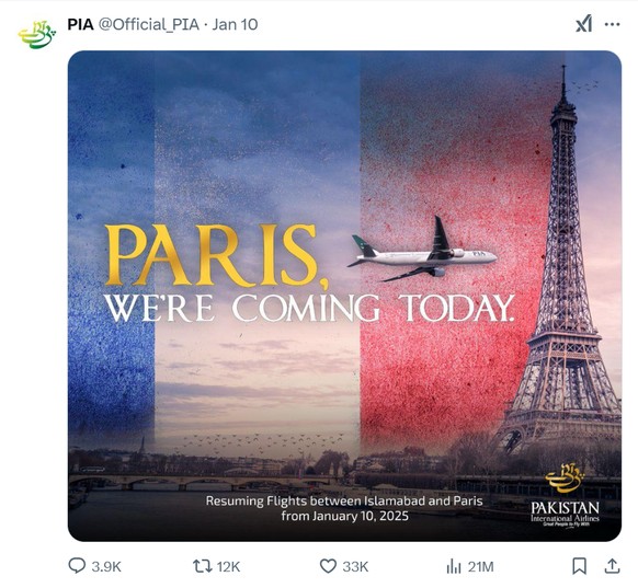 Mit diesem Post auf X kündet Pakistan International Airlines seine neue Flugroute nach Paris an.