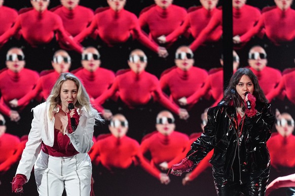 Teya &amp; Salena of Austria performs during dress rehearsals for the second semi final at the Eurovision Song Contest in Liverpool, England, Wednesday, May 10, 2023. (AP Photo/Martin Meissner)