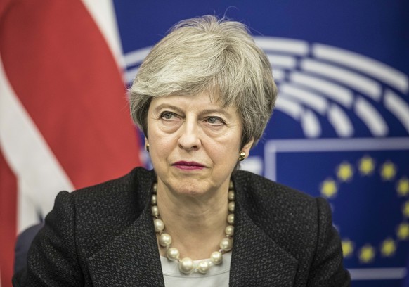 Britain&#039;s Prime Minister Theresa May, speaks during a media conference after a meeting with European Commission President Jean-Claude Juncker at the European Parliament in Strasbourg, eastern Fra ...