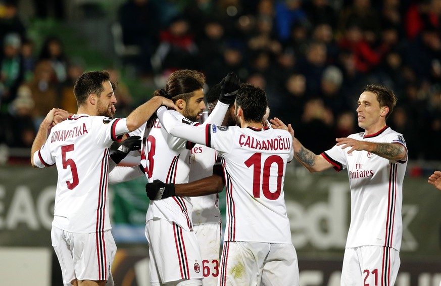 Milans&#039;s team celebrates Ricardo Rodriguez&#039;s penalty goal during the Europa League round of 32 soccer match between PFC Ludogorets Razgrad and AC Milan at the Ludogorets Arena in Razgrad, Bu ...