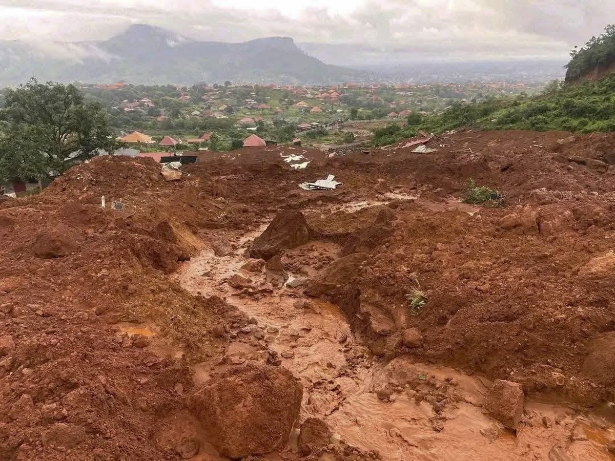 The aftermath of a landslide following heavy rains in Man