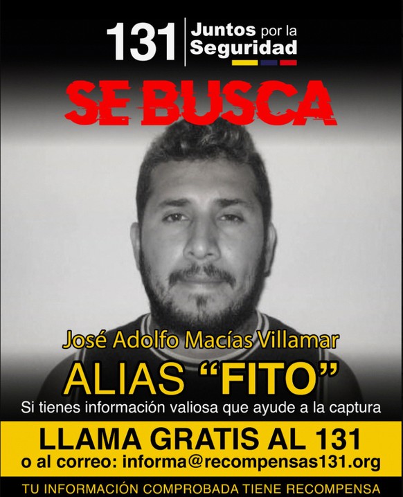 FILE - This wanted poster posted on X by Ecuador&#039;s Ministry of Interior on Jan. 9, 2024, shows Jos� Adolfo Mac�as Villamar, alias Fito, the leader of Los Choneros gang. (Ecuador&#039;s Ministry o ...