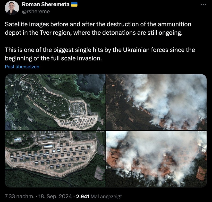 Screenshot eines Tweets zum ukrainischen Angriff auf ein russisches Munitionsdepot.