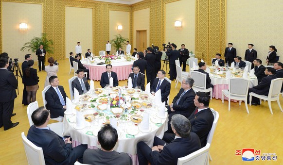 epa06708119 A photo released by the North Korean Central News Agency (KCNA), the state news agency of North Korea, shows the Democratic People&#039;s Republic of Korea (DPRK) hosting a reception for W ...