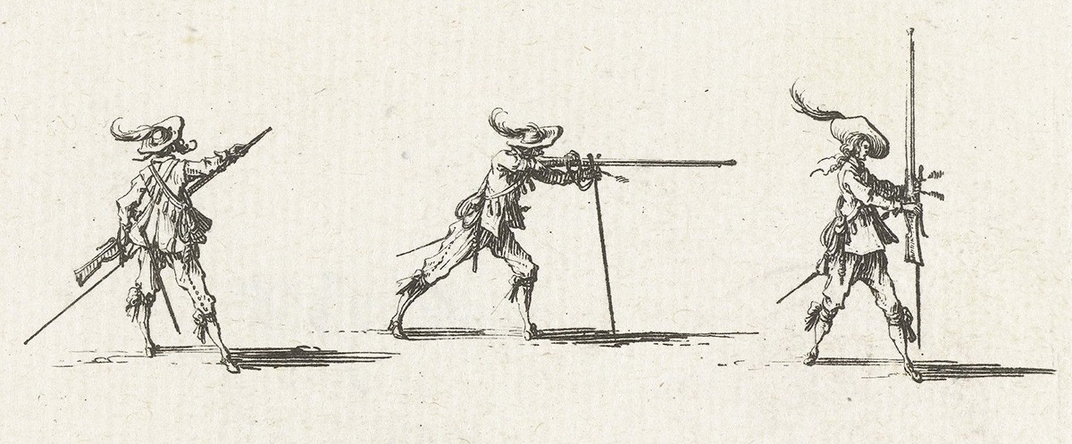 Lehrbuch mit Illustrationen zu Übungen mit der Muskete, 1635.
https://commons.wikimedia.org/wiki/File:Exercities_met_een_musket_voorbereidingen_voor_het_afvuren_van_een_musket_Militaire_exercities_(se ...