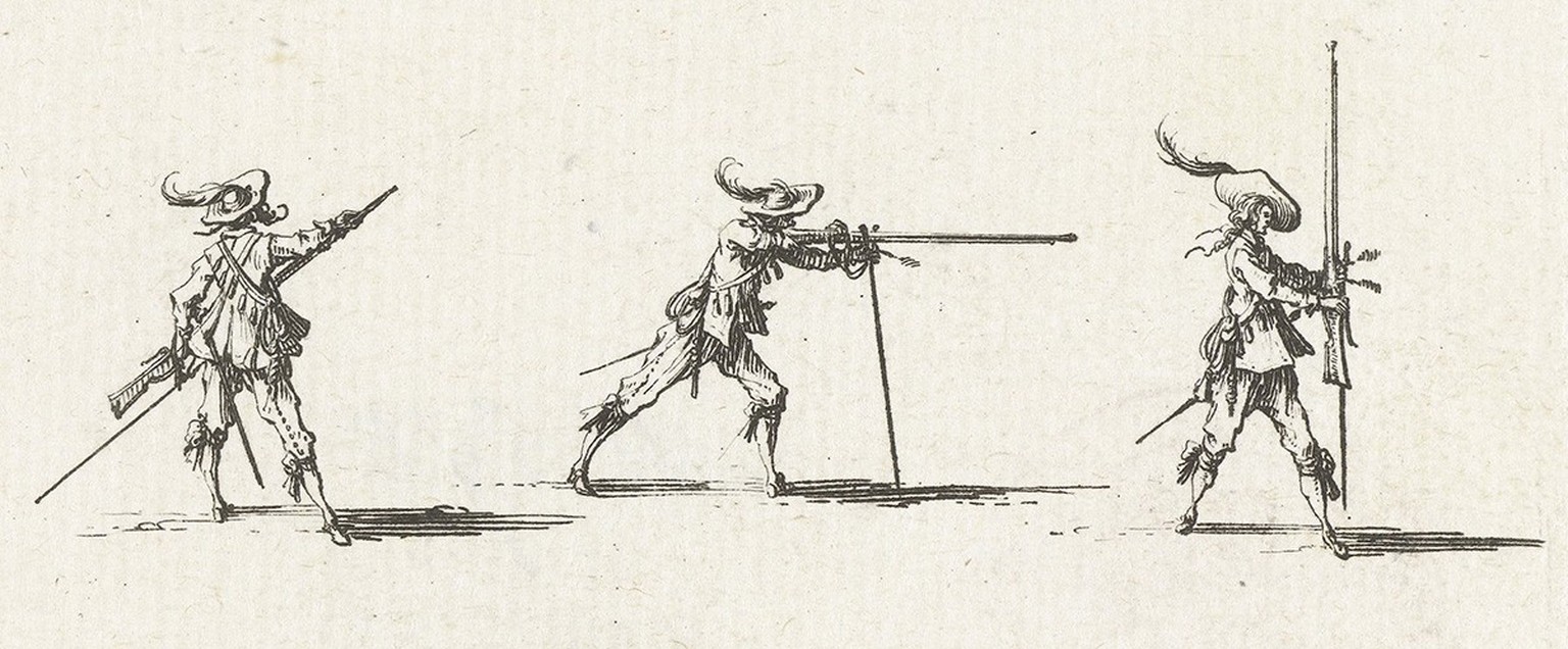 Textbook with illustrations of exercises with the musket, 1635. https://commons.wikimedia.org/wiki/File:Exercities_met_een_musket_voorvuuringen_voor_het_firing_van_een_musket_Militaire_exercities_(se ...