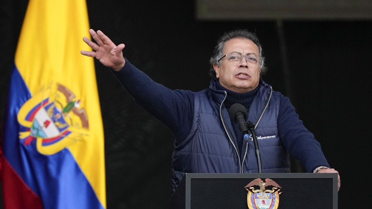 FILE - Colombia's President Gustavo Petro delivers a speech after signing a reform of the pension system into law, acting on a campaign promise that elderly people living in poverty get basic inc ...