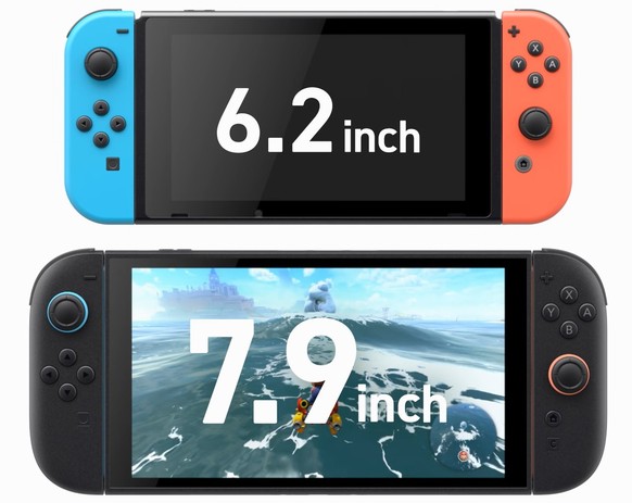Die Switch 2 (unten) ist grösser als die erste Switch. Auch Analogsticks und Buttons sind grösser und spürbar besser.