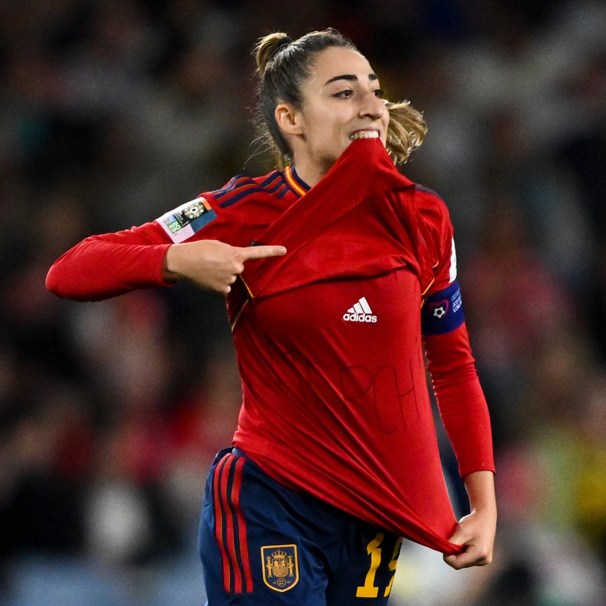 epa10809262 Olga Carmona of Spain celebrates after scoring a goal during the FIFA Women's World Cup 2023 Final soccer match between Spain and England at Stadium Australia in Sydney, Australia, 20 ...