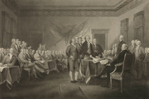 ADVANCE FOR USE THURSDAY, OCT. 20, 2016 AND THEREAFTER-This 1876 engraving by W.L. Ormsby shows a version of the painting &quot;Declaration of Independence, July 4th, 1776&quot; by John Trumbull. To m ...