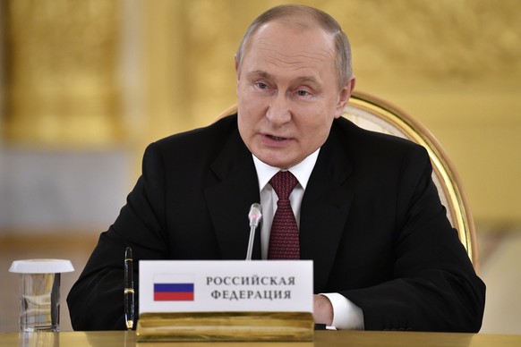 Russian President Vladimir Putin addresses a meeting of the leaders of the Collective Security Treaty Organization (CSTO) at the Kremlin in Moscow, Russia, Monday, May 16, 2022. (Alexander Nemenov/Poo ...
