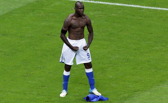 Italy&#039;s Mario Balotelli celebrates scoring his side&#039;s second goal during the Euro 2012 soccer championship semifinal match between Germany and Italy in Warsaw, Poland, Thursday, June 28, 201 ...