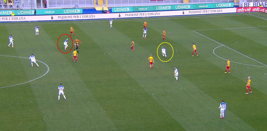 Josip Ilicic (rot) baut den Angriff als Sechser auf, Papu Gomez (gelb) bietet sich in der Spitze an.