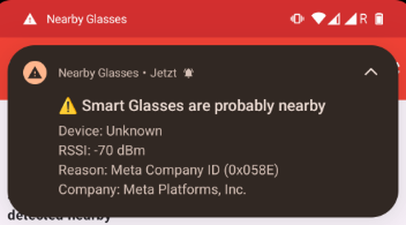 Durch eine Push-Benachrichtigung warnt die Android-App «Nearby Glasses», wenn ein Bluetooth-Signal solcher KI-Brillen erkannt wird.