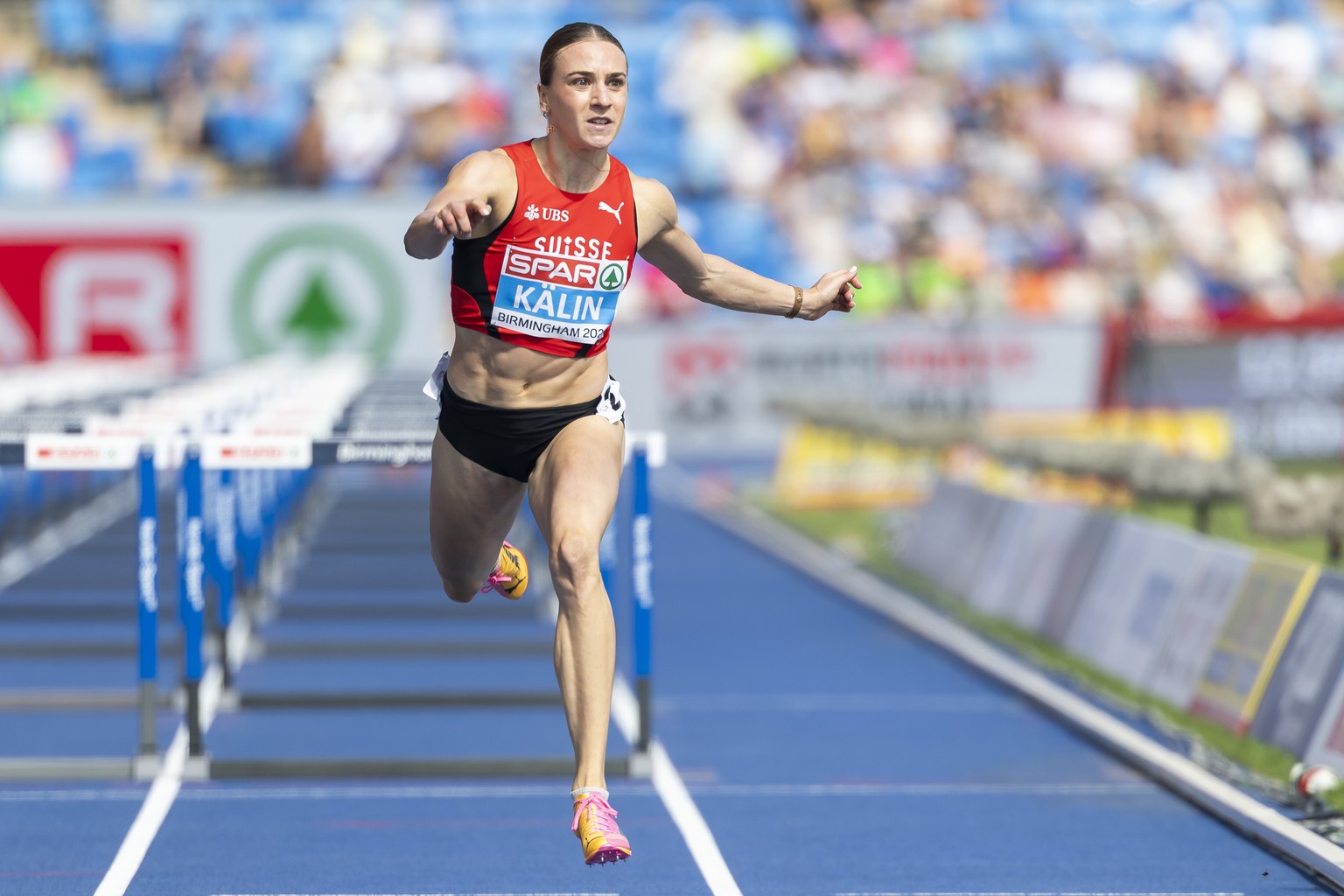 Annik Kaelin of Switzerland in action during the women's 100 meters hurdles as part of Heptathlon at the European Athletics Championships, in the Alexander Stadium, Birmingham, United Kingdom, Fr ...